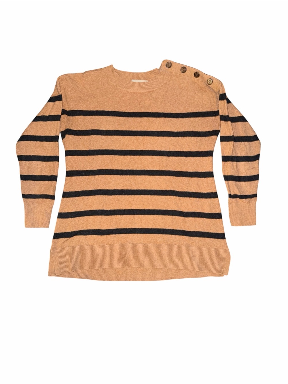 Loft Striped Button-Shoulder Sweater in Tan and Black